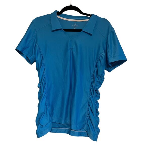 Athleta Birdie Ruched Short Sleeve Collared Golf Polo Shirt Blue Size XL - Picture 2 of 8